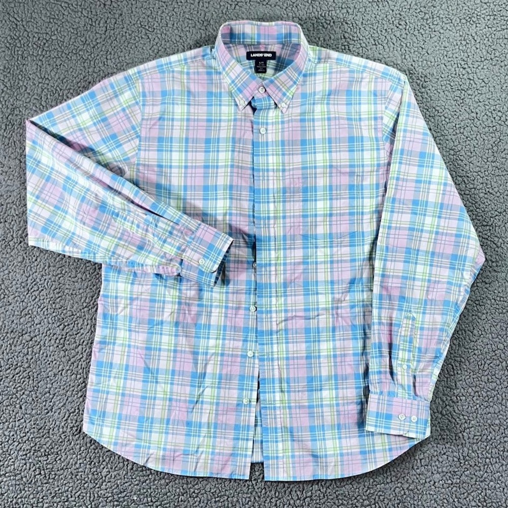 Lands End Mens Tall Large L/T Plaid Button Down Shirt Blue Pink Cotton Poplin - Picture 8 of 9